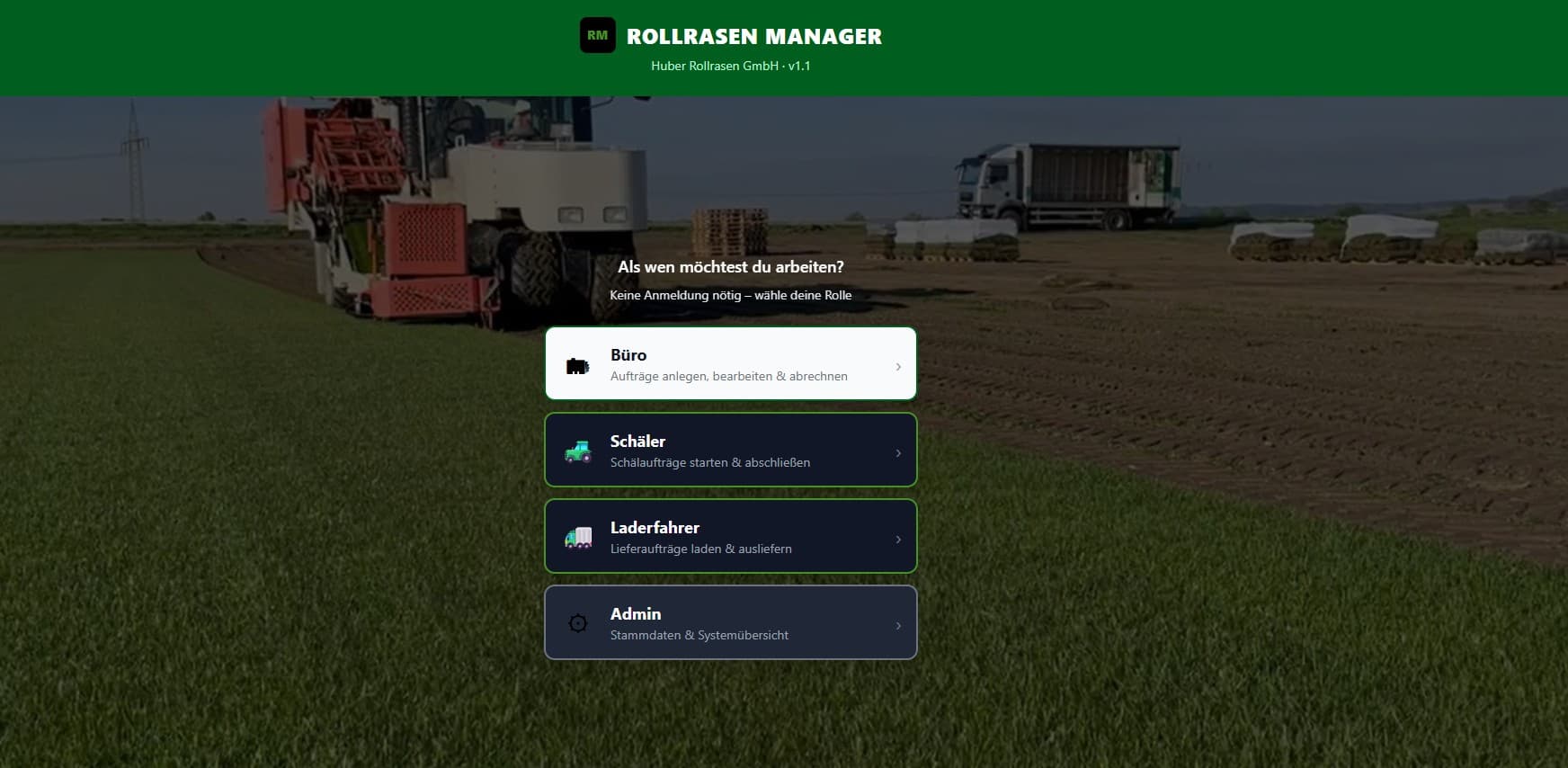 Rollenauswahl im Rollrasen Manager: Büro, Schäler, Laderfahrer, Admin