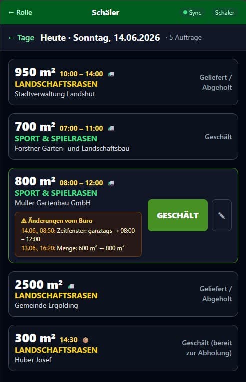 Schäler-Ansicht im Rollrasen Manager auf dem Smartphone